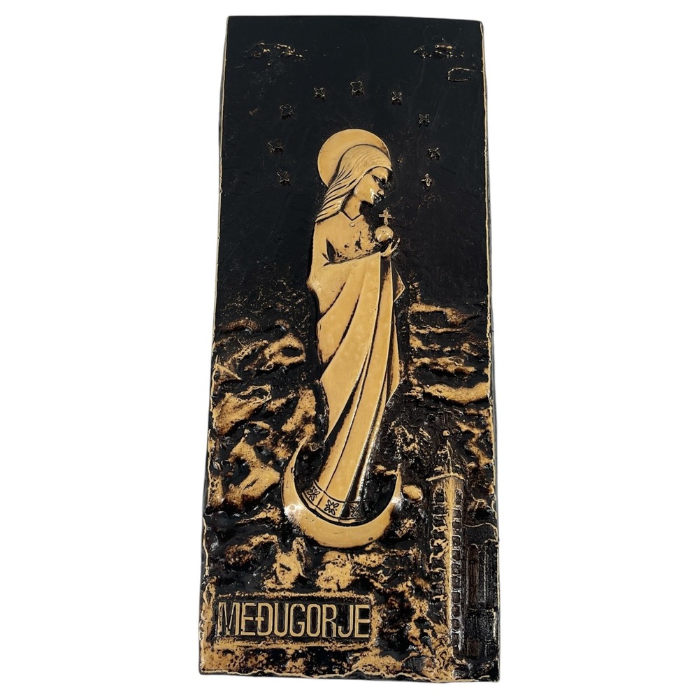 Vintage Medjugorje Virgin Mary Relief Plaque Cream Black Catholic Icon St James